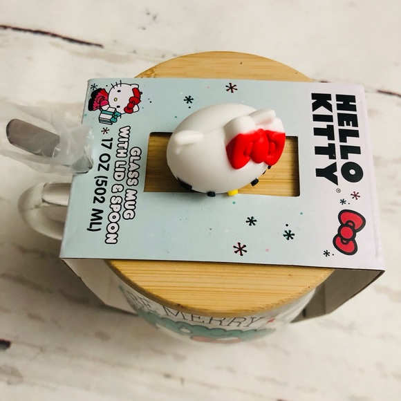 New Sanrio Hello Kitty Glass Mug Christmas Holiday Wood Lid Spoon Cup Handle - Picture 6 of 6